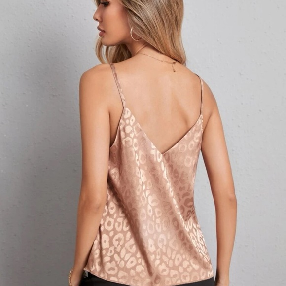 V neck cami tank top jacquard leopard print satin light blue - Picture 9 of 12